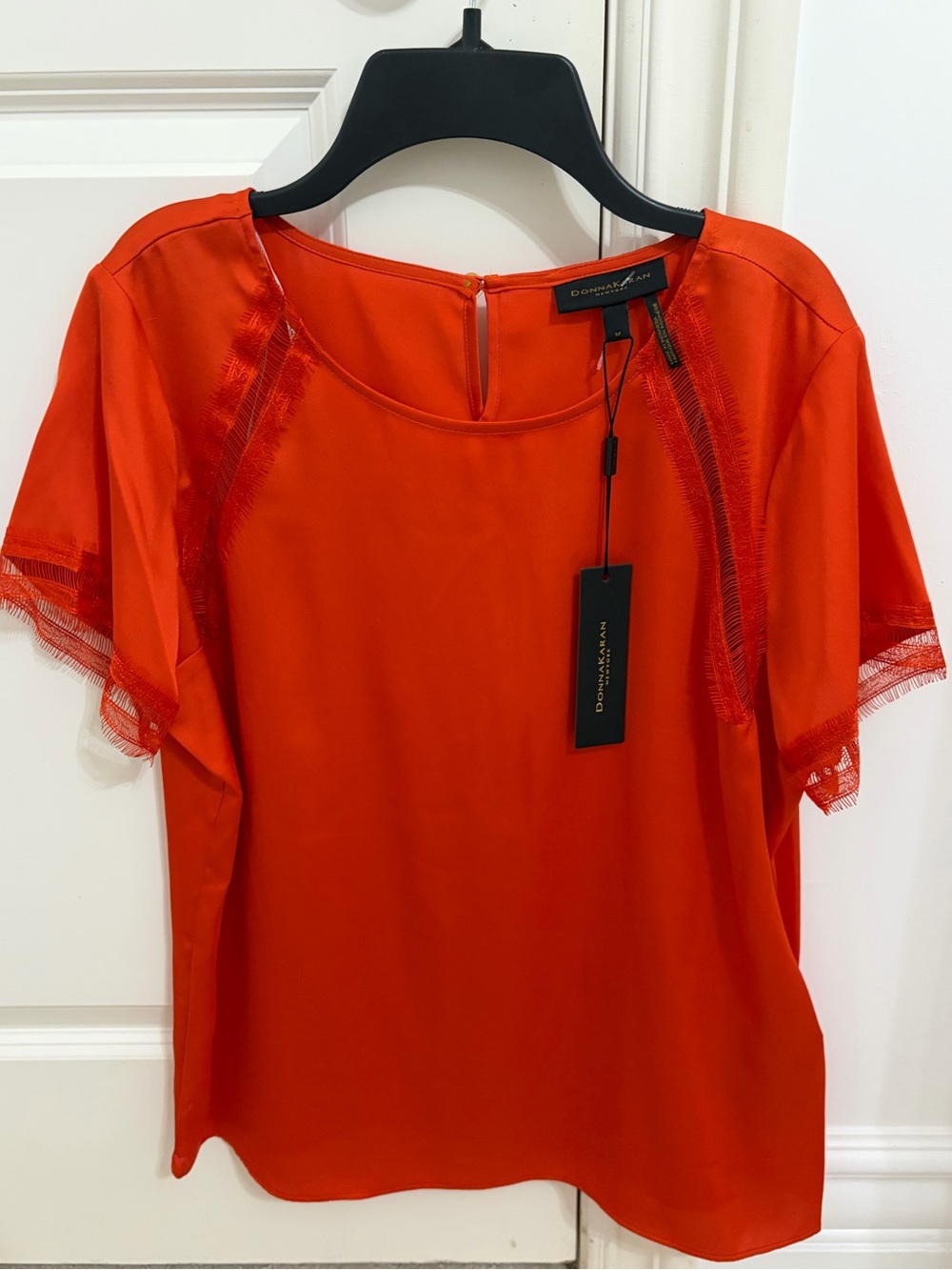 Donna Karan Vibrant Red Satin Short-Sleeve Blouse with Lace Trim